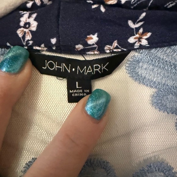 John Mark Navy Multicolor Open Front Patchwork Kimono, 3/4 Sleeves, size L EUC - Picture 4 of 8